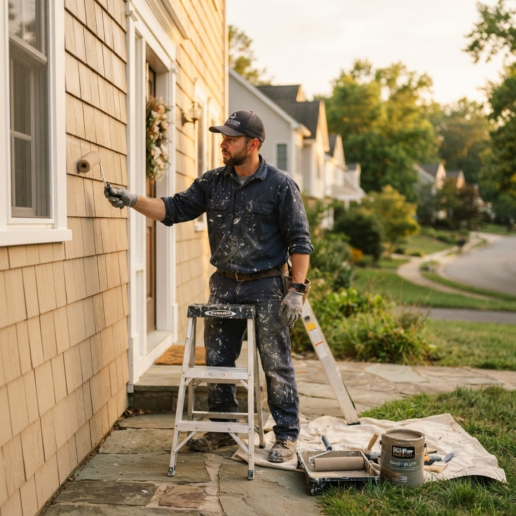 Handyman painting the exterior of a home